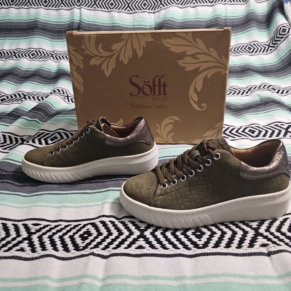 Sofft Parykn Leather Platform Lace Sneaker Sport Shoes Olive Green US 7M New‎